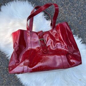 Red Faux Crocodile Skin Buckle Thick Strap Large Tote Bag Purse